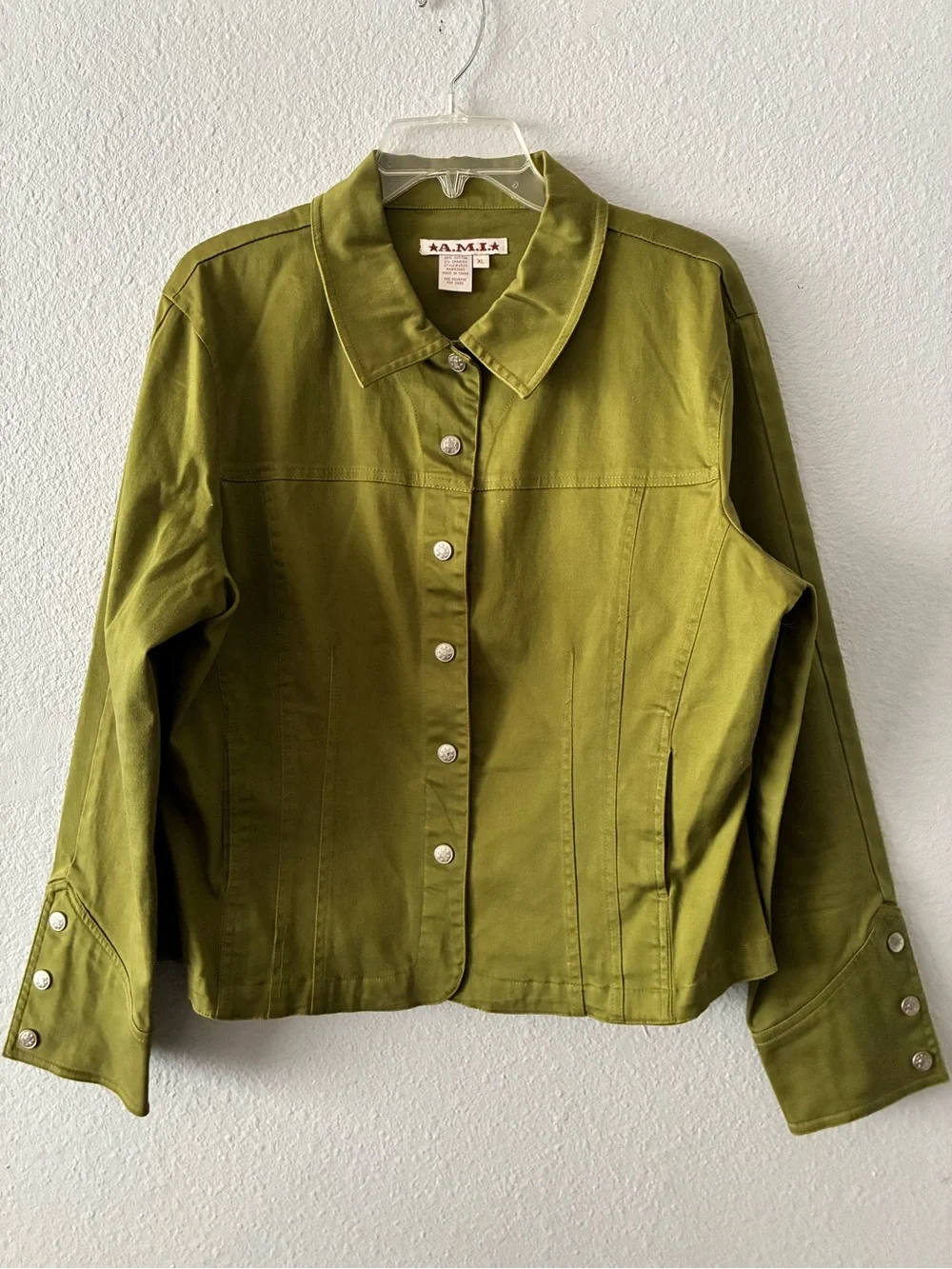 90s Olive Green Button-Front Military Jean Jacket Cotton Spandex Blend XL